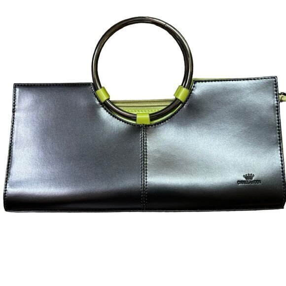 Daniela Moda Vera Pelle Leather Double Top Handle Convertible Bag Black Green NE - Picture 2 of 8